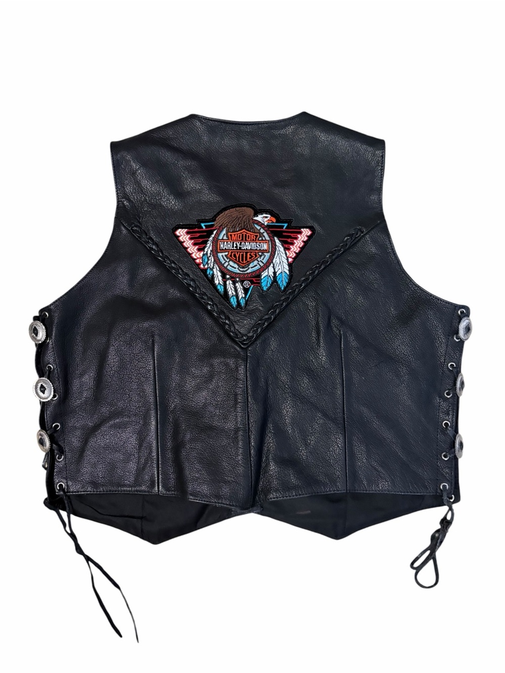 VTG Hudson Leather Harley Davidson Patches Button Riding Vest Mens Large Black